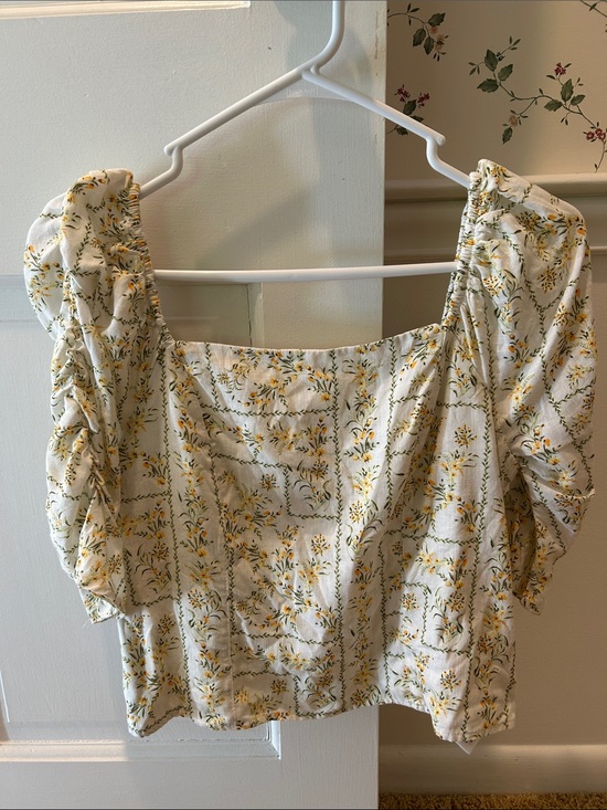 Joie Tops - Joie Cream Floral Square-Neck Linen Top Size Medium